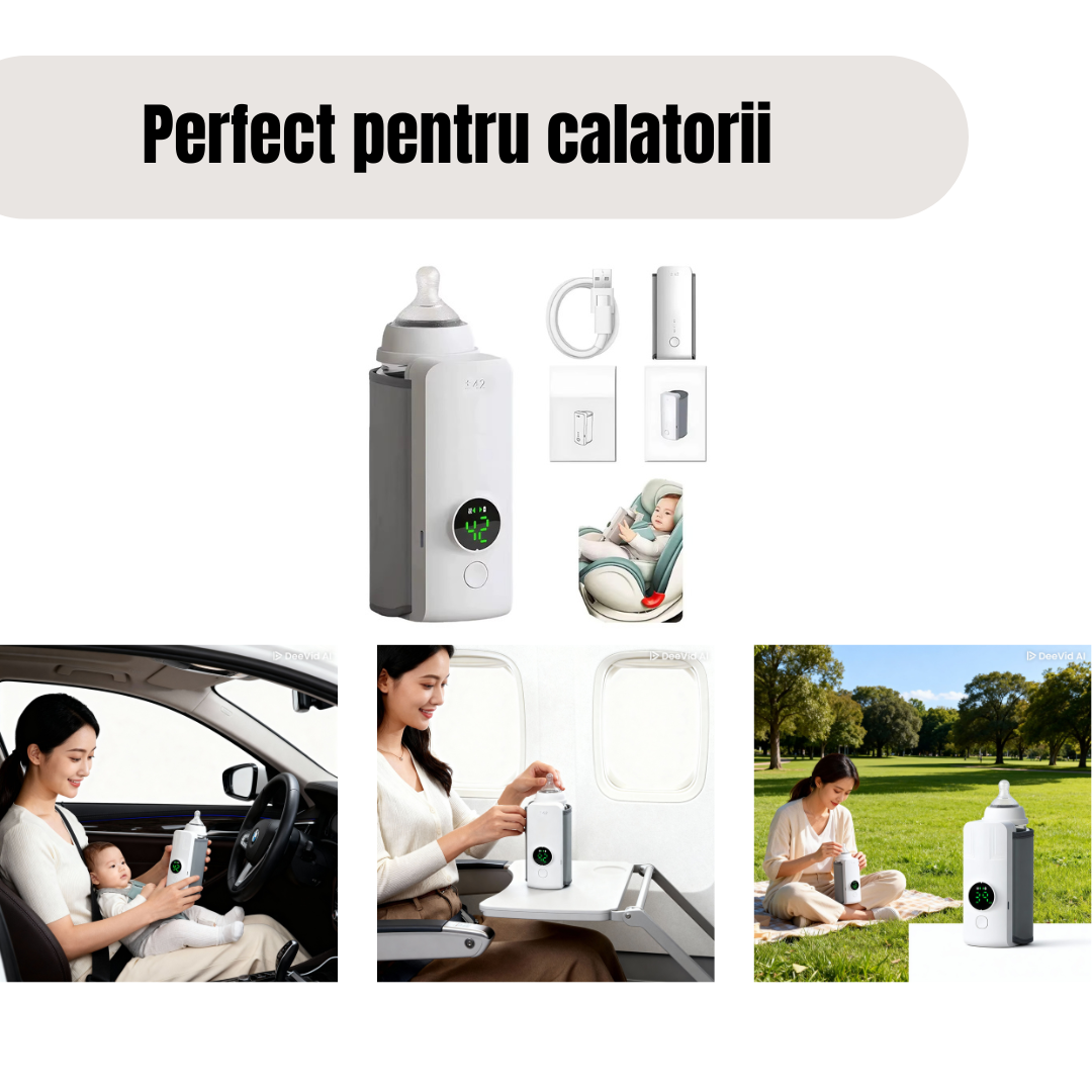 Incalzitor Portabil Biberoane Seleqt® Pentru Bebelusi, Temperatura Constanta, 6 Trepte 32-50°C, Display LCD, Acumulator 2000mAh, Ideal Calatorii, Plimbari si Masina, Biberon Oriunde