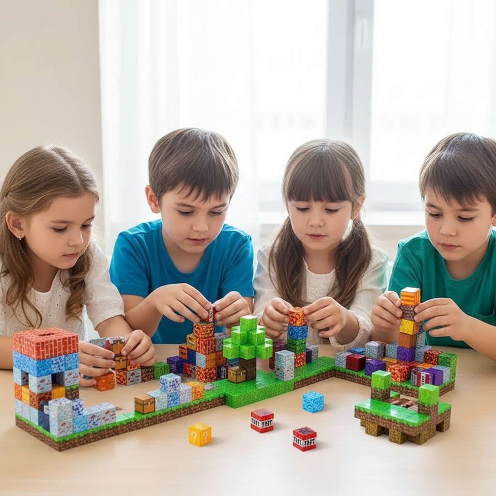 Blocuri magnetice Minecraft – Set educativ STEM, joc creativ pentru copii 3-10 ani