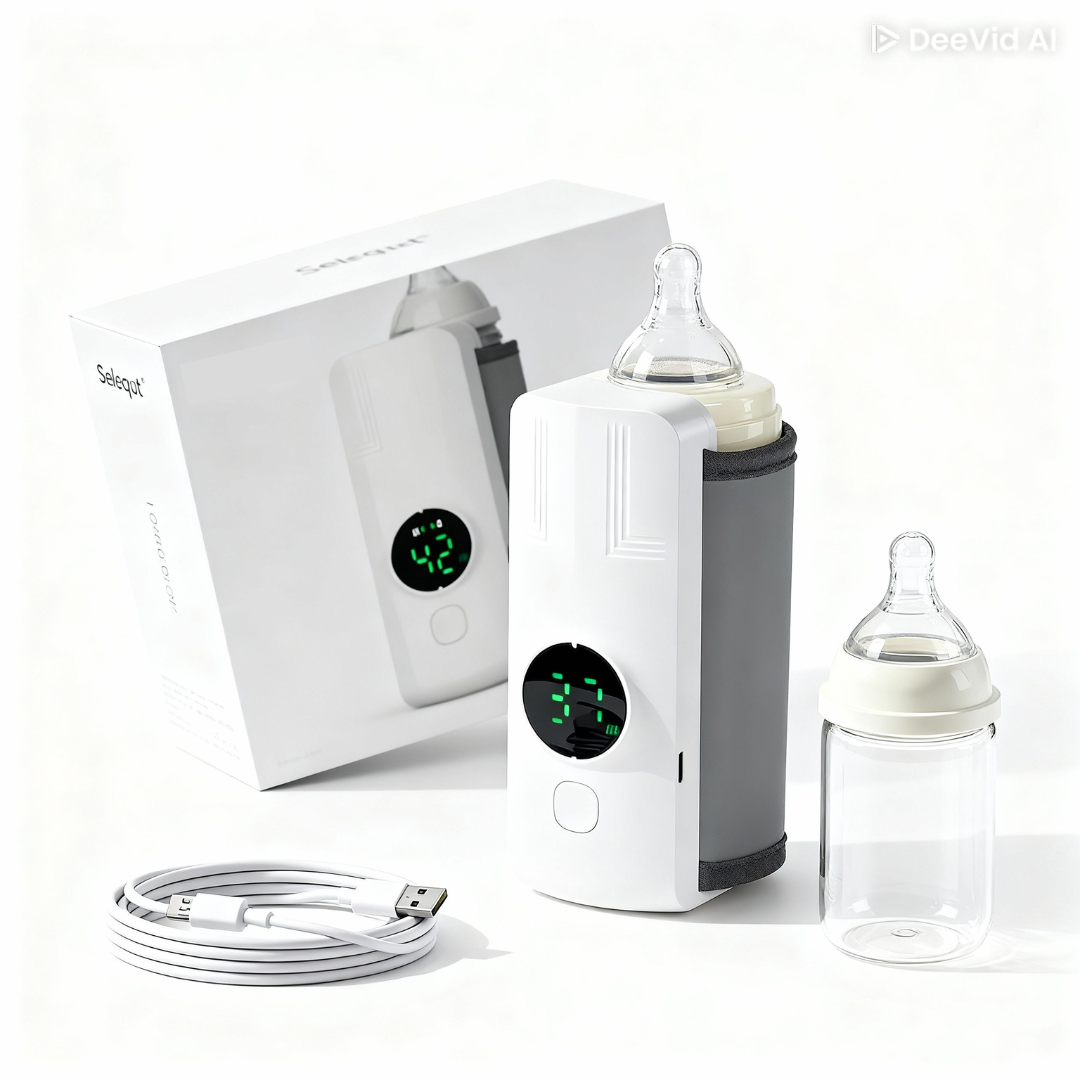 Incalzitor Portabil Biberoane Seleqt® Pentru Bebelusi, Temperatura Constanta, 6 Trepte 32-50°C, Display LCD, Acumulator 2000mAh, Ideal Calatorii, Plimbari si Masina, Biberon Oriunde