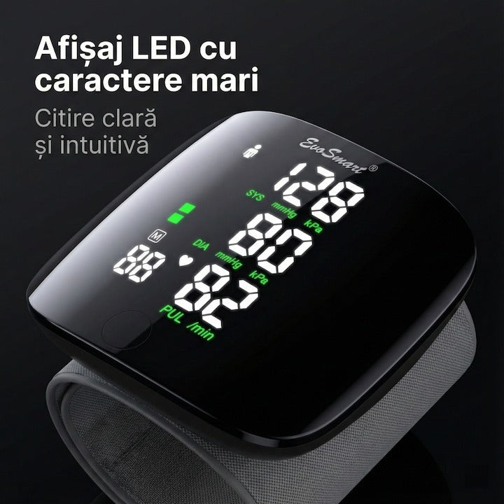 Tensiometru de incheietura Seleqt™ , Afisaj LED, Auto-masurare, Detectare puls neregulat, Validat clinic, Manseta 22-32cm, Oscilometric, 90 Memorii, Negru