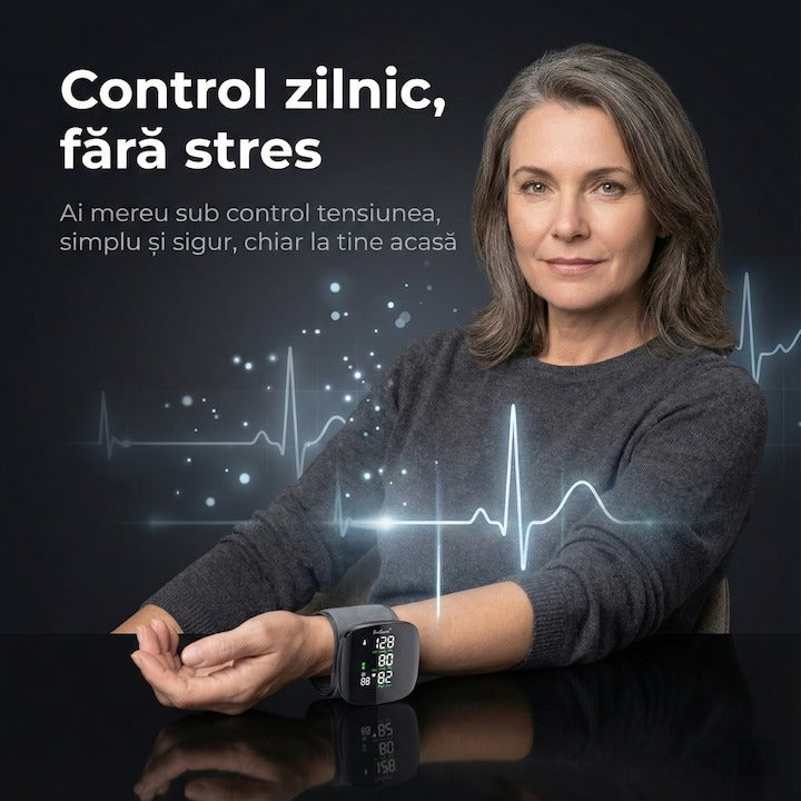 Tensiometru de incheietura Seleqt™ , Afisaj LED, Auto-masurare, Detectare puls neregulat, Validat clinic, Manseta 22-32cm, Oscilometric, 90 Memorii, Negru