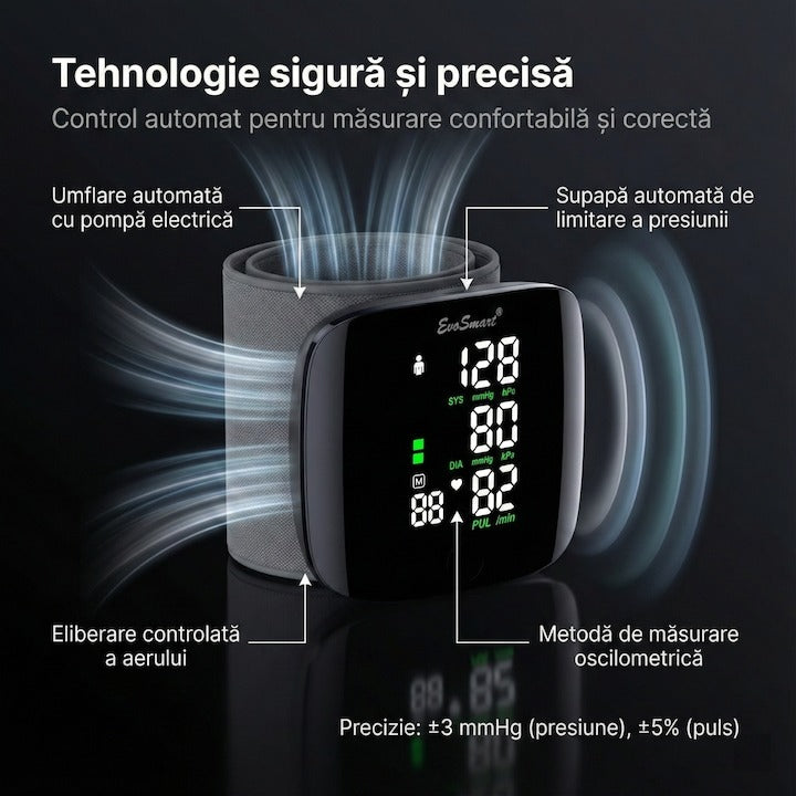 Tensiometru de incheietura Seleqt™ , Afisaj LED, Auto-masurare, Detectare puls neregulat, Validat clinic, Manseta 22-32cm, Oscilometric, 90 Memorii, Negru