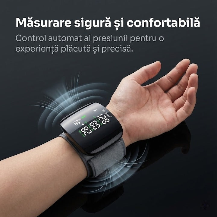 Tensiometru de incheietura Seleqt™ , Afisaj LED, Auto-masurare, Detectare puls neregulat, Validat clinic, Manseta 22-32cm, Oscilometric, 90 Memorii, Negru