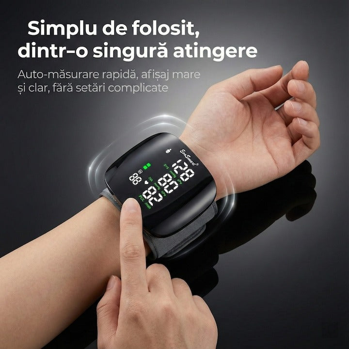 Tensiometru de incheietura Seleqt™ , Afisaj LED, Auto-masurare, Detectare puls neregulat, Validat clinic, Manseta 22-32cm, Oscilometric, 90 Memorii, Negru