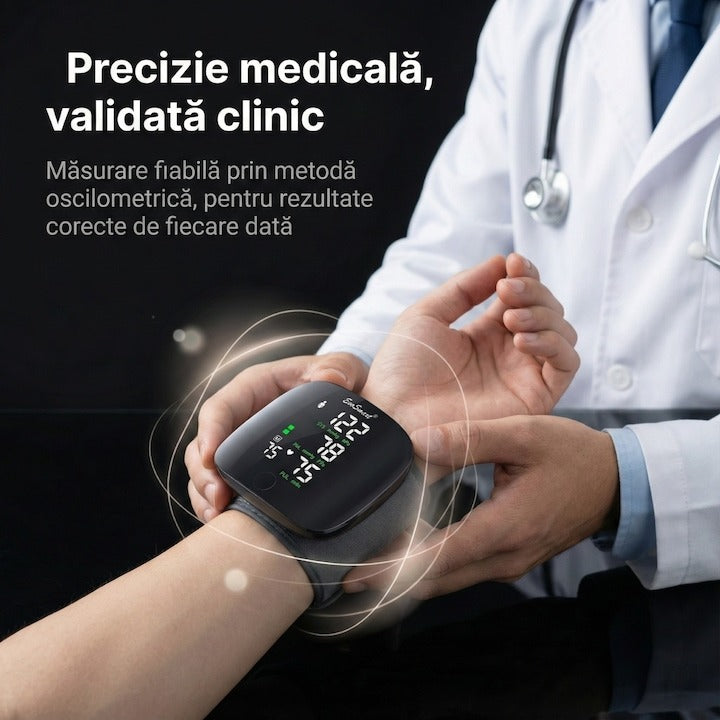 Tensiometru de incheietura Seleqt™ , Afisaj LED, Auto-masurare, Detectare puls neregulat, Validat clinic, Manseta 22-32cm, Oscilometric, 90 Memorii, Negru