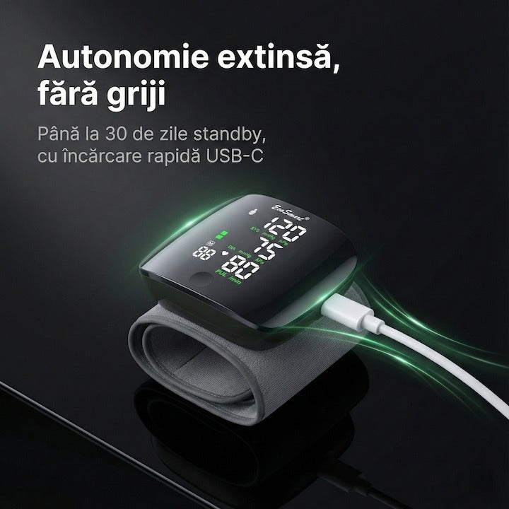 Tensiometru de incheietura Seleqt™ , Afisaj LED, Auto-masurare, Detectare puls neregulat, Validat clinic, Manseta 22-32cm, Oscilometric, 90 Memorii, Negru